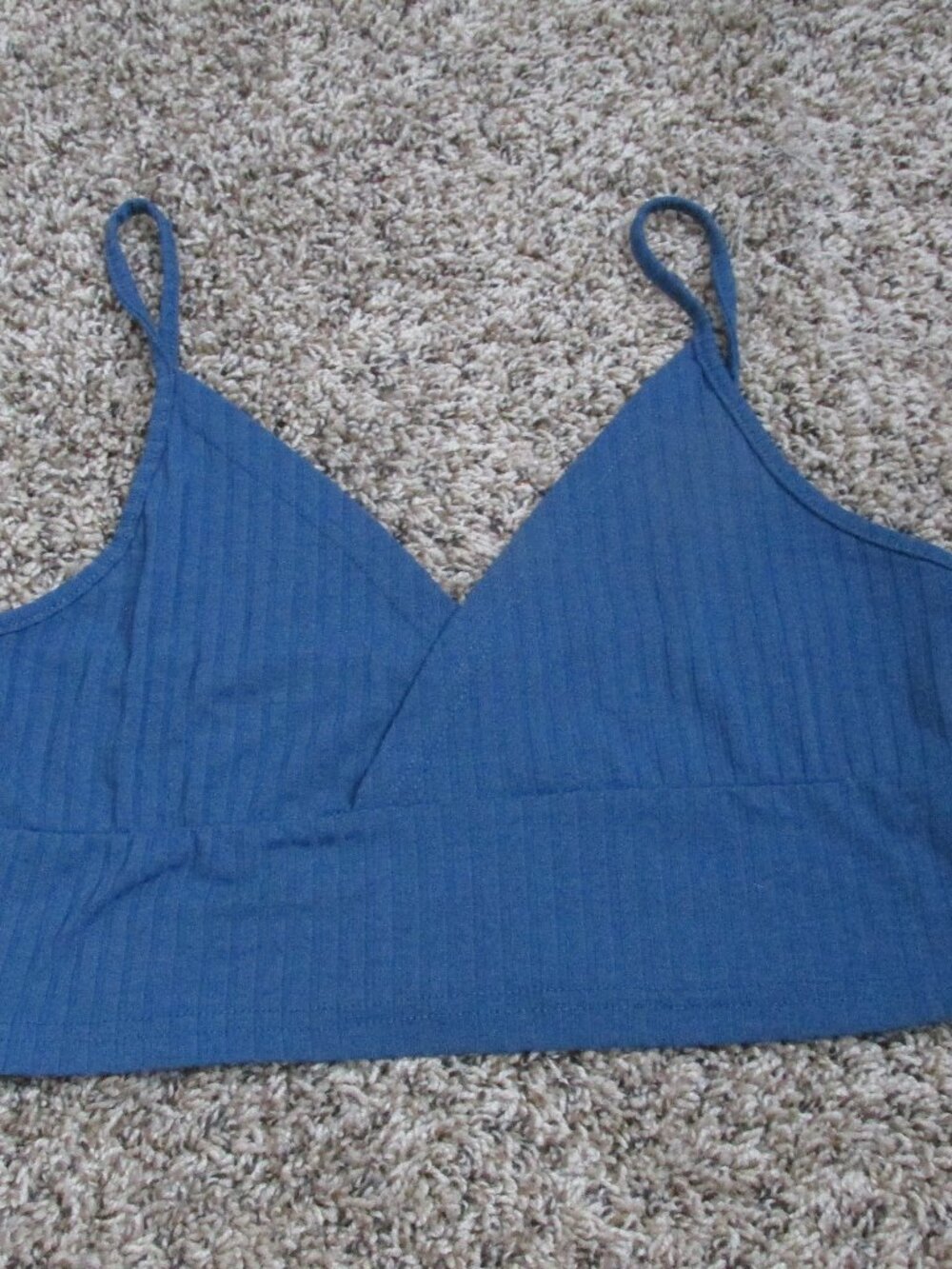 Romwe Crop Top Pullover Sleeveless V Neck Tank Top Shirt Womens M Blue‎ Ribbed